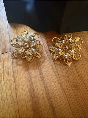 Gold Filigree Floral Statement Earrings - Gold Tone clip ons